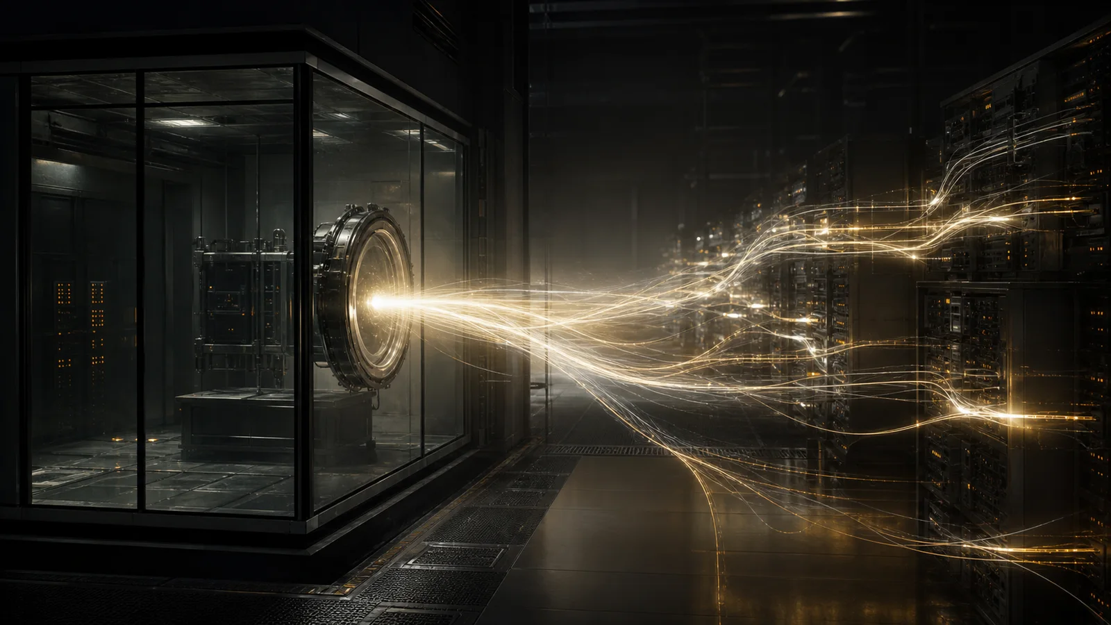 Abstract stream of light leaving a glass containment chamber and branching through server infrastructure