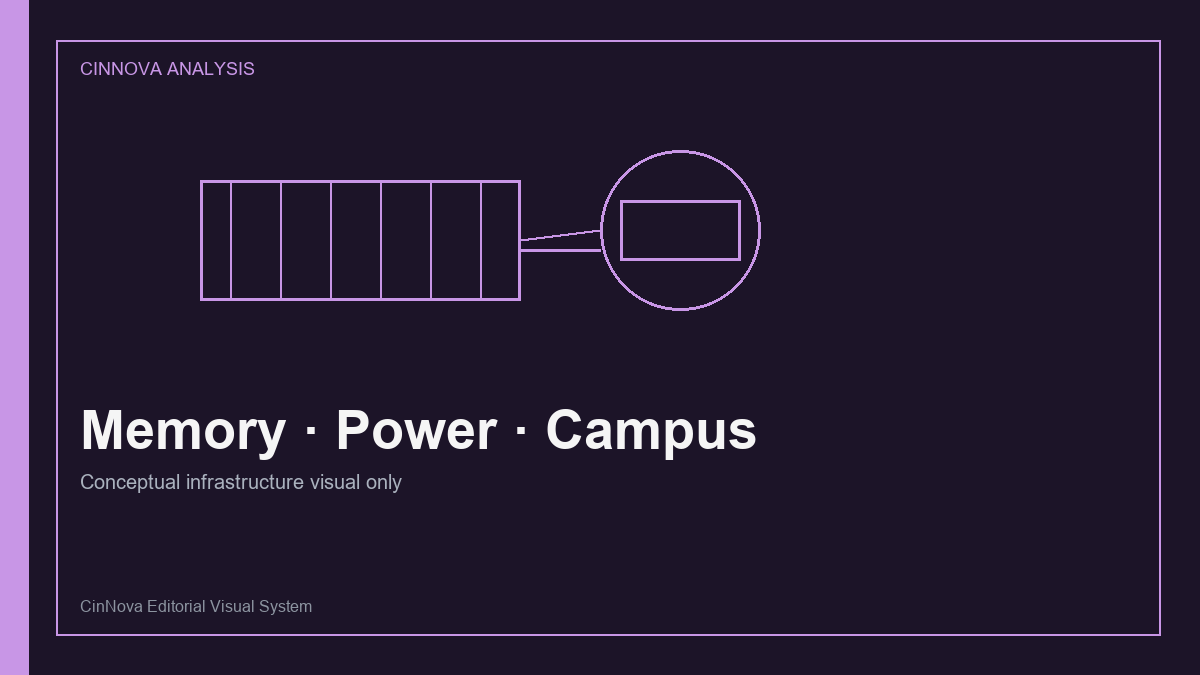 Conceptual editorial illustration of AI campuses constrained by memory, power, and cooling.