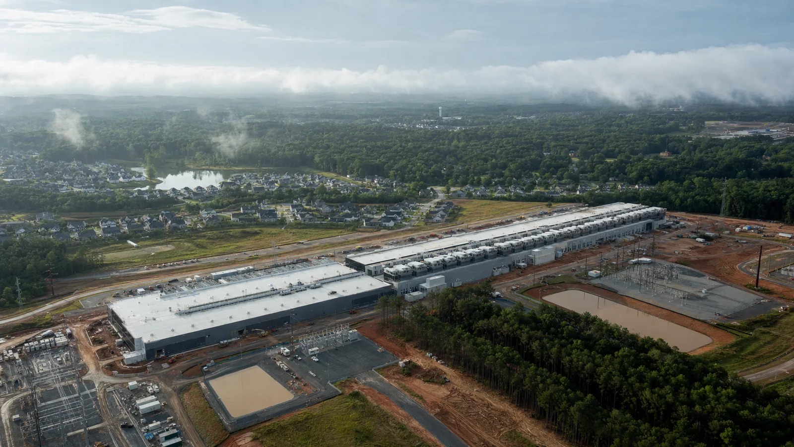 A data center campus beside a landscaped roadway.