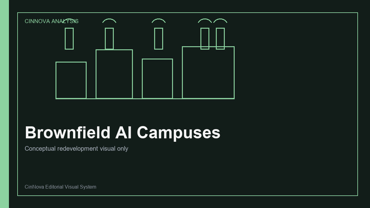 Conceptual editorial illustration of industrial facilities transitioning toward AI compute campuses.