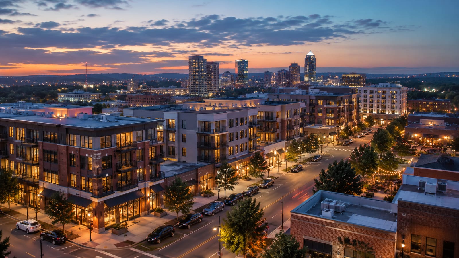 Modern property skyline with digital analysis overlays suggesting AI-assisted real estate tools