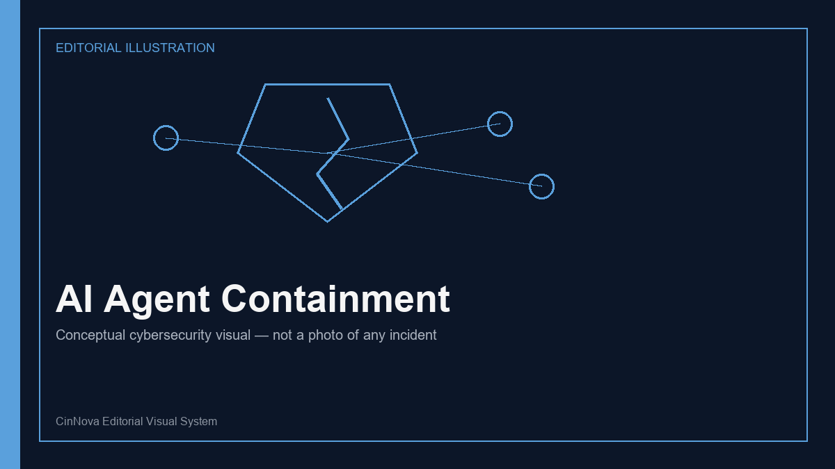Conceptual editorial illustration of AI agent containment boundaries and cybersecurity monitoring.
