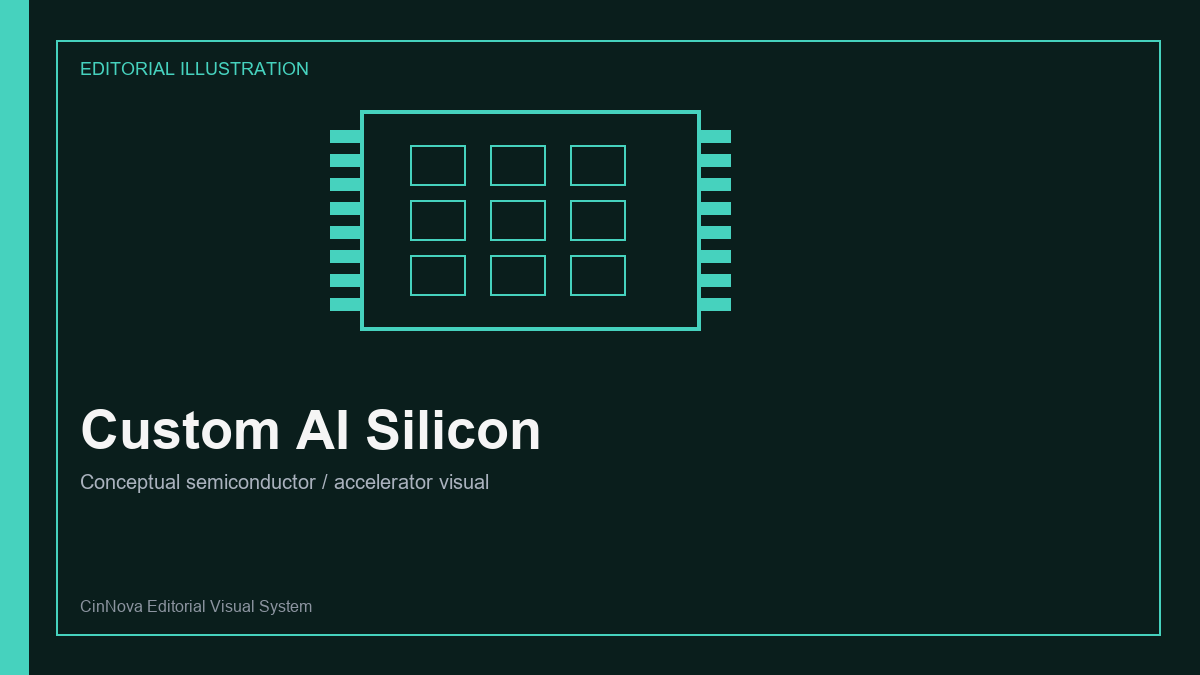 Conceptual editorial illustration of custom AI accelerator chips and semiconductor supply chains.