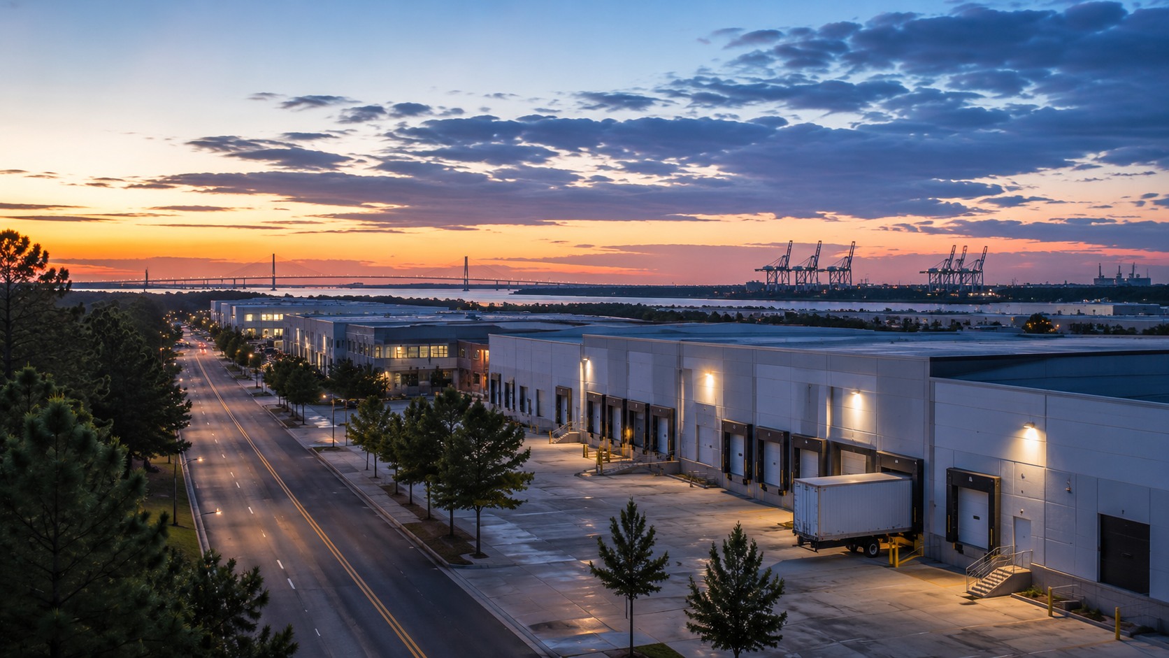 Dusk aerial view of a coastal industrial warehouse corridor with loading docks, roadway lights, and a distant cable-stayed bridge and port cranes