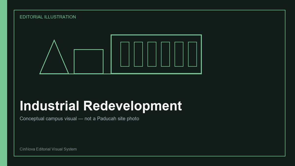 Conceptual editorial illustration of industrial site redevelopment for AI compute and power infrastructure.