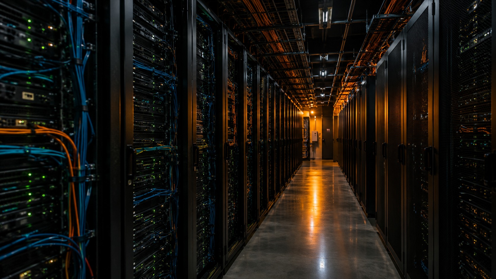 Long data-center aisle lined with server racks, dense blue cabling, and warm overhead industrial lighting reflecting on a polished floor