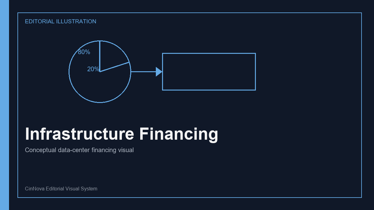 Conceptual editorial illustration of data-center financing structures and campus infrastructure.