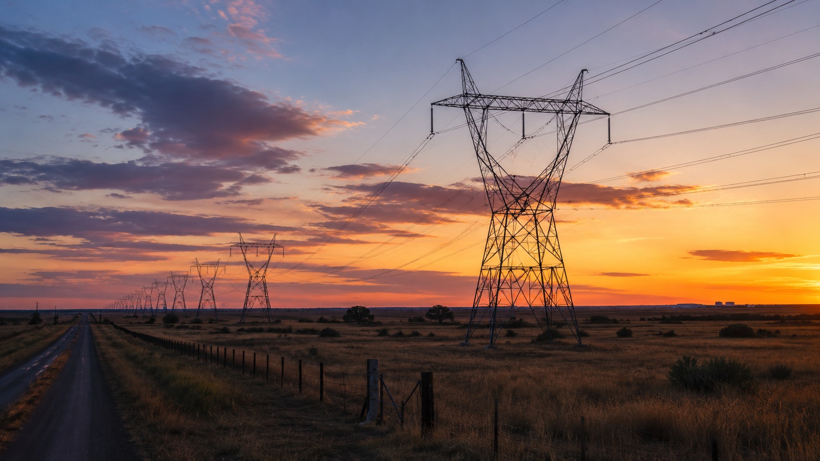 High-voltage transmission towers and power lines stretching across an open rural plain at sunset beside a two-lane road