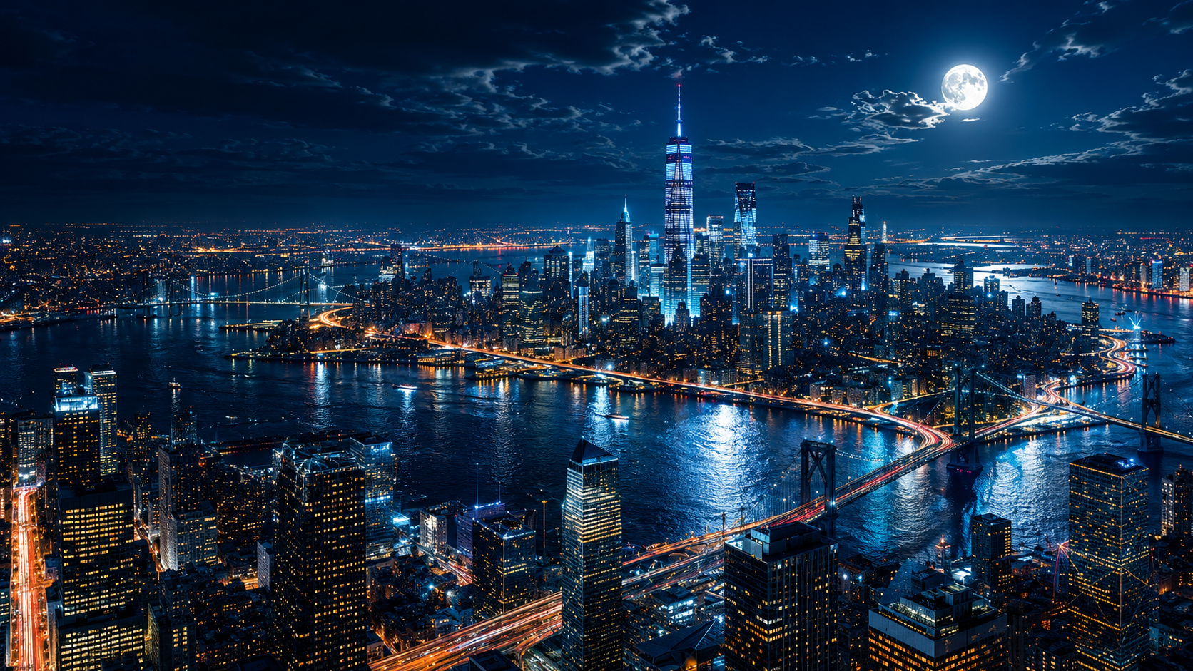 Nighttime city skyline with river bridges under a full moon — CinNova Real Estate AI for property analysis